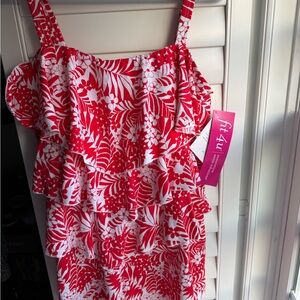 Fit 4 U (QVC) Red and White Floral Ruffle Swimsuit NWT
